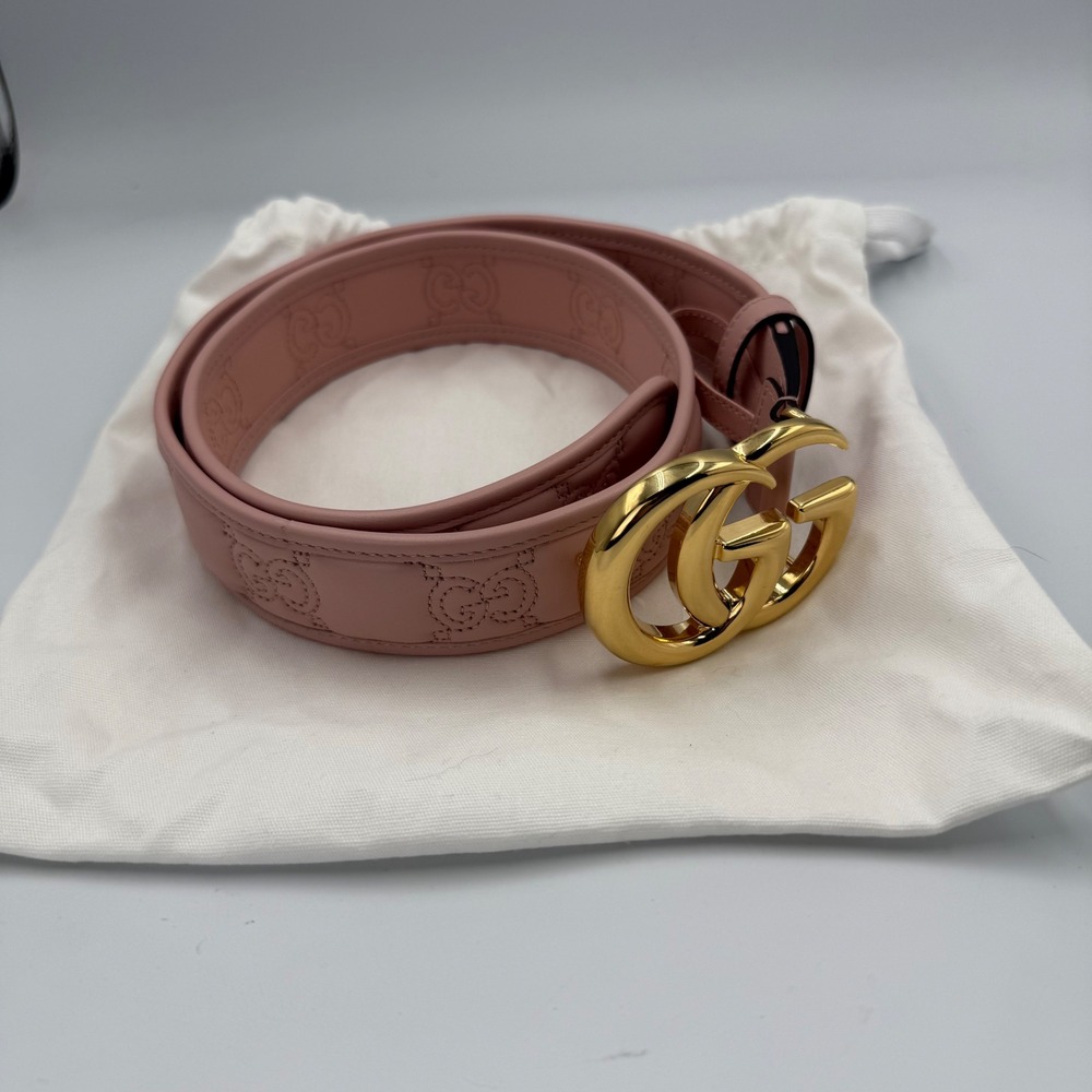 Gucci Pink GG Marmont Leather Belt 85/34 Gold Double G Buckle Embossed Logo - Picture 12 of 14